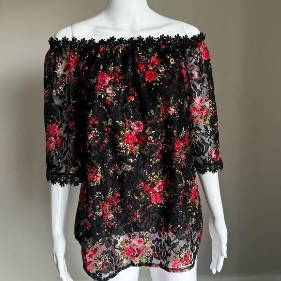 Miholl Black Layered Lace Floral Crotchet Off The Shoulder Boho Top - Picture 1 of 8